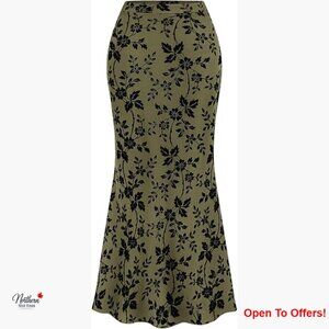 Floral Mesh Maxi Skirt High Waisted Mermaid Stretchy Flocked Mesh